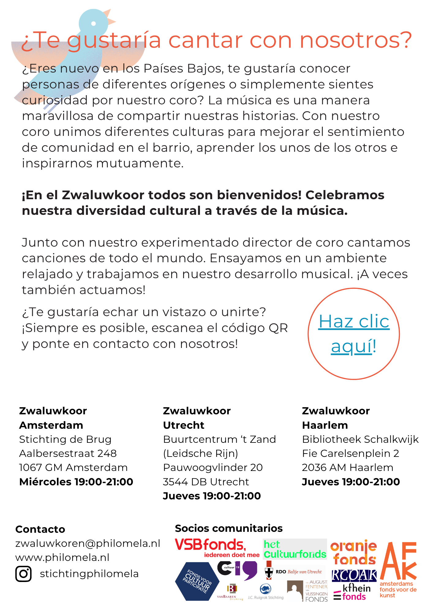 Spaanstalige Zwaluwkoor flyer van Stichting Philomela